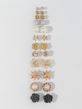 Серьги пусеты 12 пар One year, романтика, бело-серые в золоте