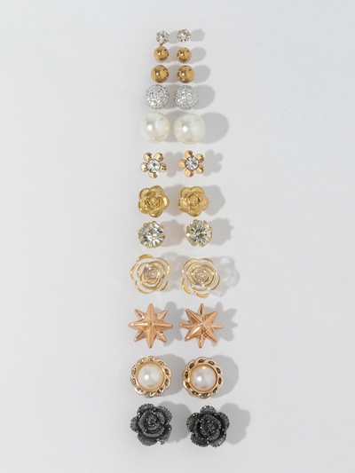 Пусеты 12 пар One year, романтика, цвет бело-серый в золоте