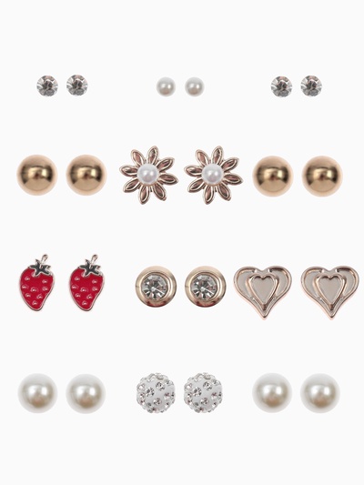 Серьги пусеты One year, 12 пар беззаботность, бело-красные в золоте