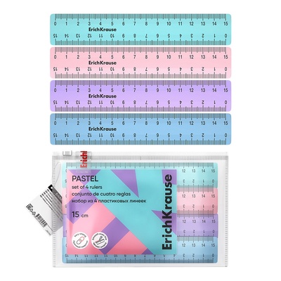Набор линеек ErichKrause Pastel, 4 штуки, 15 см, в zip пакете