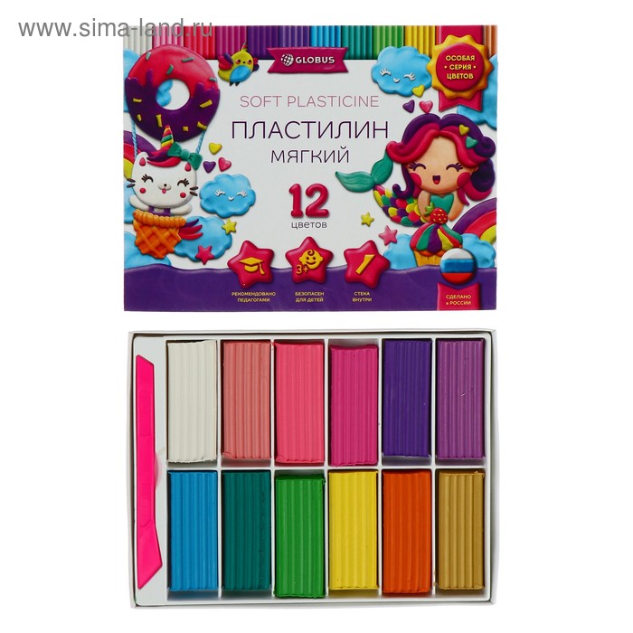 Пластилин GLOBUS, мягкий, 12 цветов, 240 г, со стеком - Фото 1