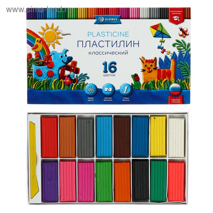 Пластилин GLOBUS "Классический", 16 цветов, 320 г, рекомендован педагогами - Фото 1
