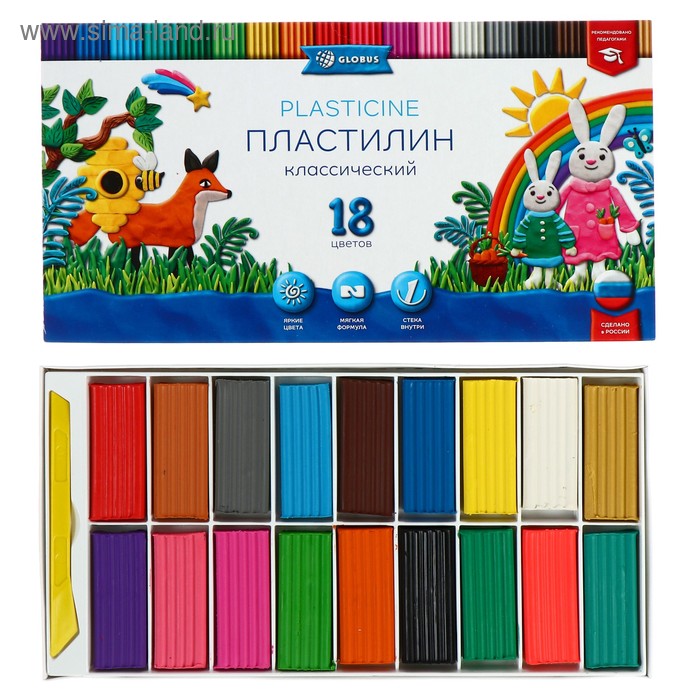 Пластилин GLOBUS «Классический», 18 цветов, 360 г, со стеком - Фото 1