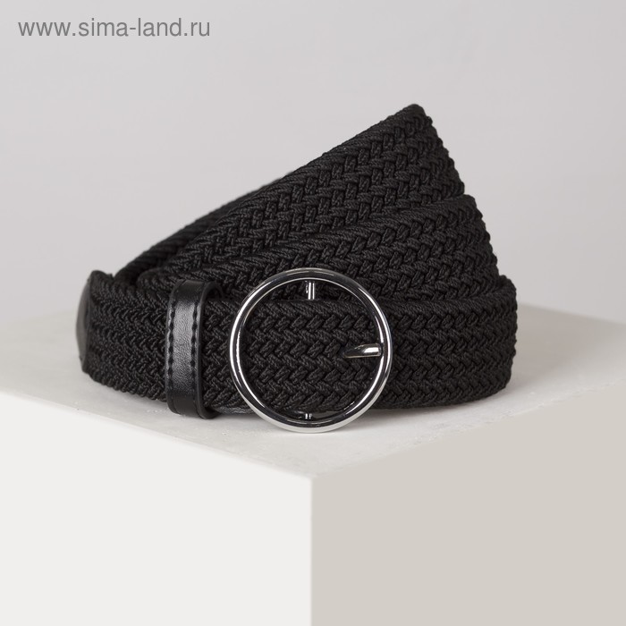 Ремень женский, ширина - 3,5 см, резинка плетёнка, пряжка металл, цвет чёрный - Фото 1