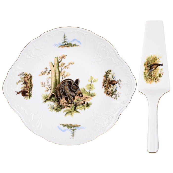 Тарелка для торта с лопаткой Bernadotte, декор «Охотничьи сюжеты», 27 см - фото 1907085108