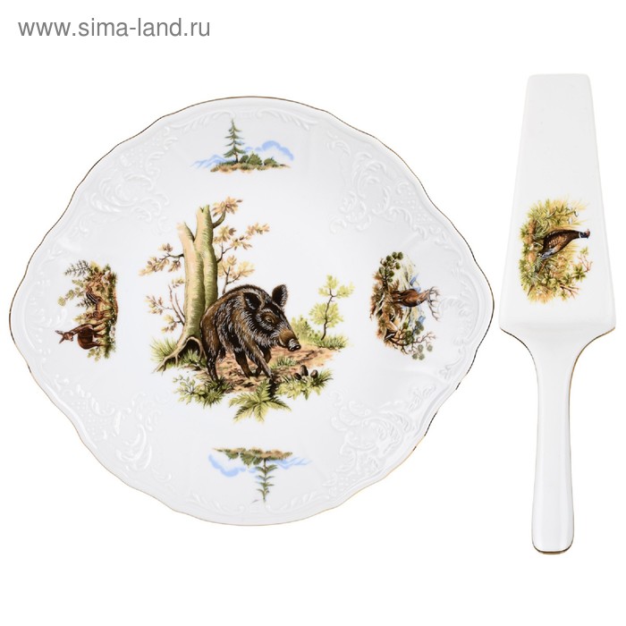 Тарелка для торта с лопаткой Bernadotte, декор «Охотничьи сюжеты», 27 см - Фото 1
