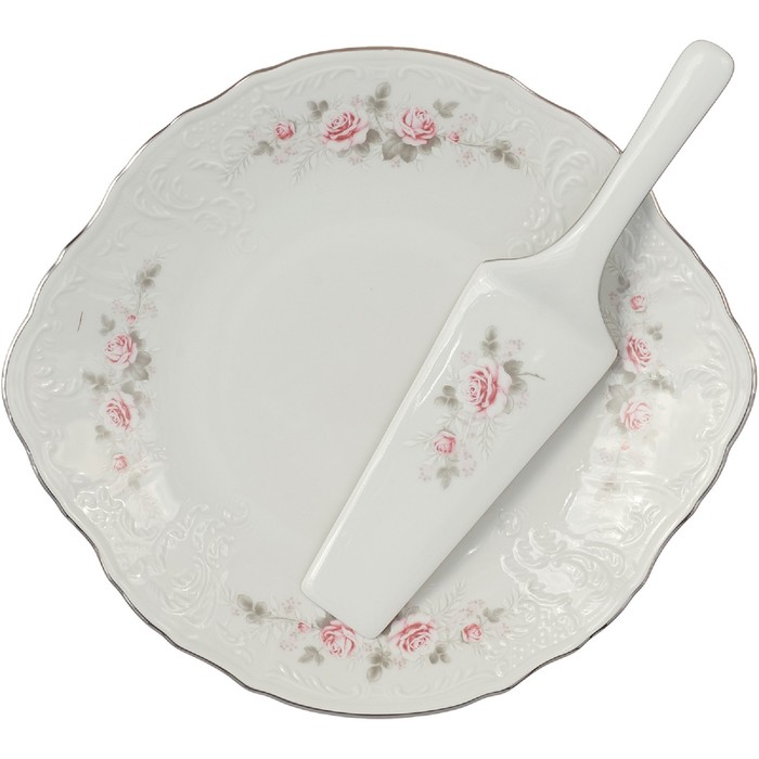 Тарелка для торта с лопаткой Bernadotte, декор «Бледные розы, отводка платина», 27 см - фото 1907085321