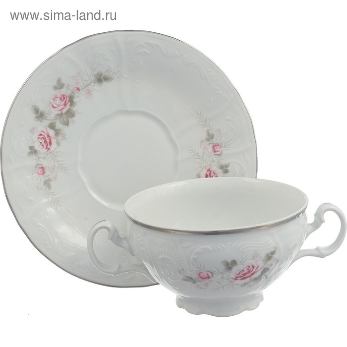 Чашка с блюдцем для бульона Bernadotte, декор «Бледные розы, отводка платина» - Фото 1
