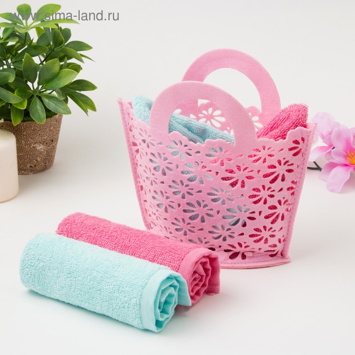 Набор полотенец в корз. "Сумочка" (вид5) 30*30 см-2шт,100% хлопок - Фото 1