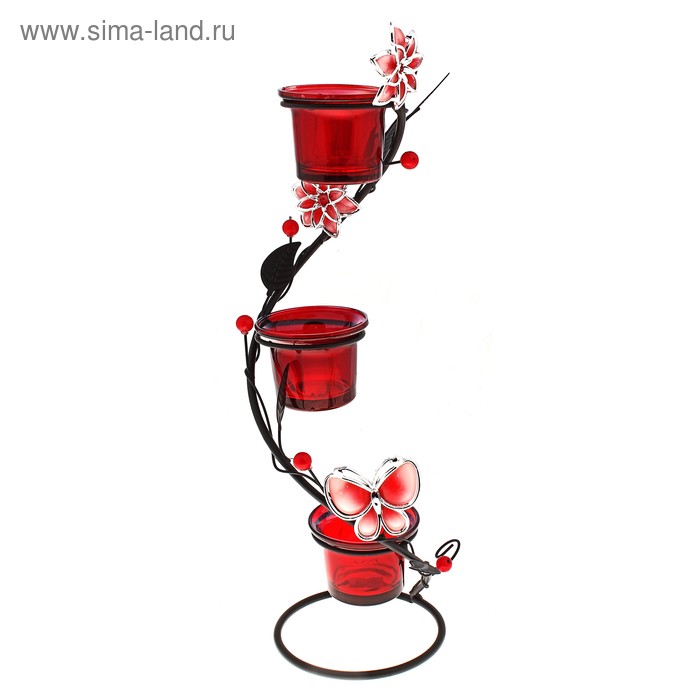 Подсвечник металл 3 свечи "Цветок жемчужинки спираль" 12 х 10 х 34 см, красный - Фото 1