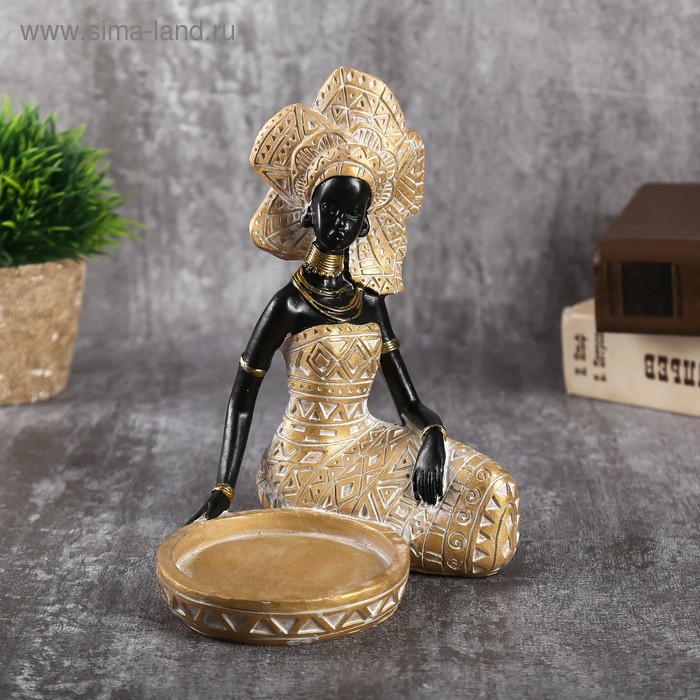 Сувенир полистоун подсвечник "Африканка в золотом платье с орнаментом" 18,5х12х15,7 см - Фото 1