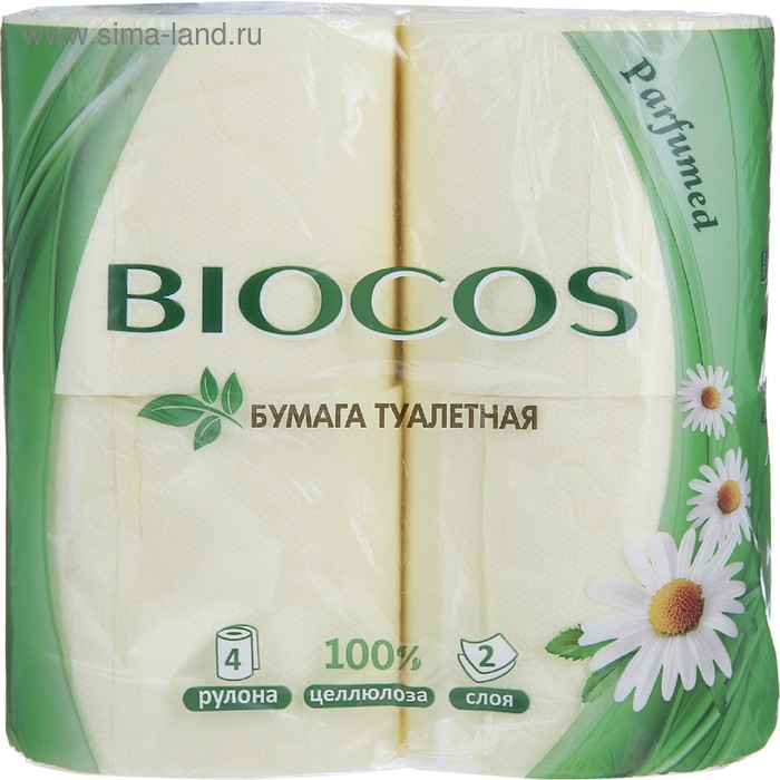 Туалетная бумага BioCos с ароматом ромашки, 2 слоя, 4 рулона в упаковке