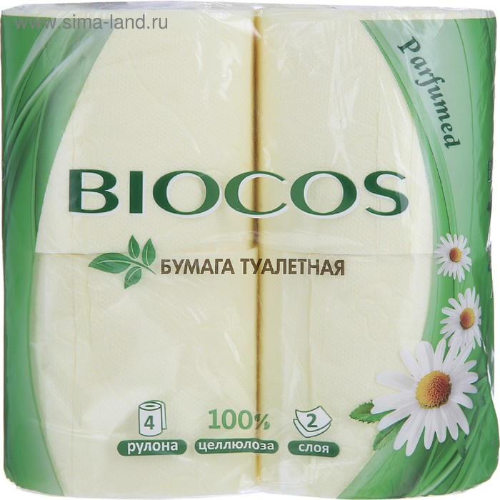 Туалетная бумага BioCos с ароматом ромашки, 2 слоя, 4 рулона в упаковке - Фото 1