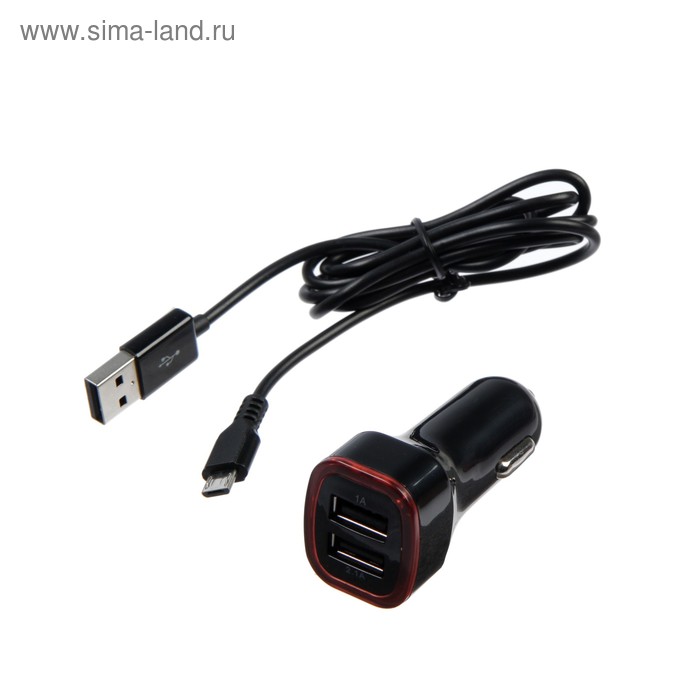 Автомобильное зарядное устройство Seven, 2 USB, 2.1 A, кабель micro USB, черное - Фото 1