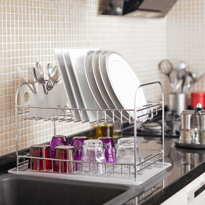 Сушилка для посуды и приборов, настольная, с поддоном, цвет хром, KB007 - фото 1907087092