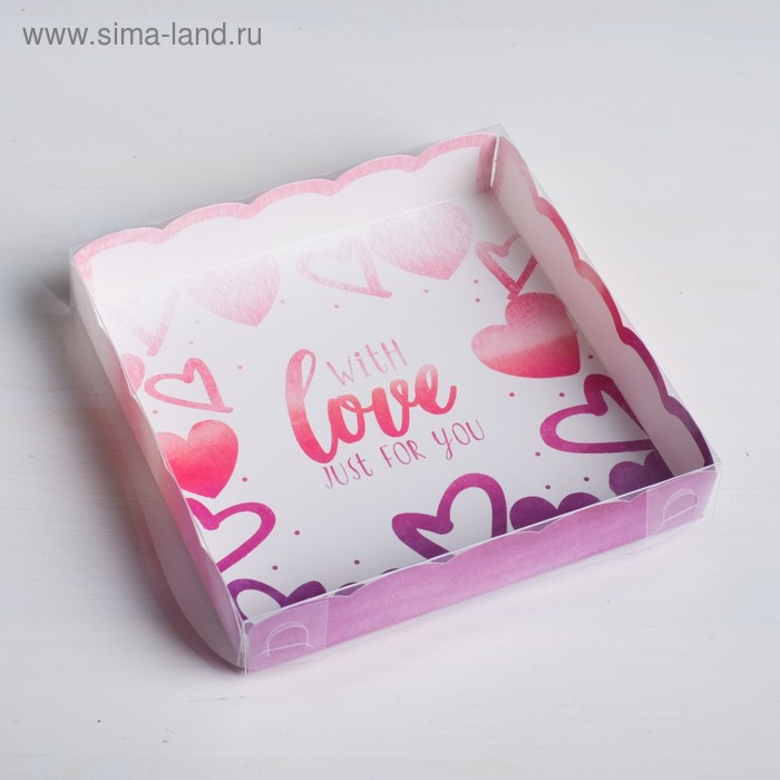 Коробка для печенья, кондитерская упаковка с PVC крышкой, With love, 15 х 15 х 3 см - Фото 1