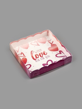 Коробка для печенья, кондитерская упаковка с пластиковой крышкой, With love, 15 х 15 х 3 см (комплект 5 шт)