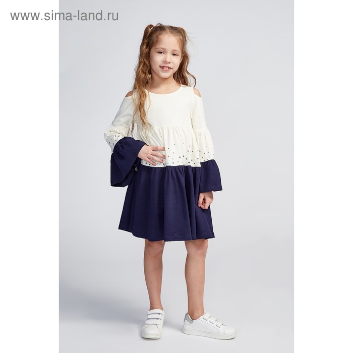 Платье для девочки, цвет светло-бежевый/тёмно-синий, рост 134 см - Фото 1