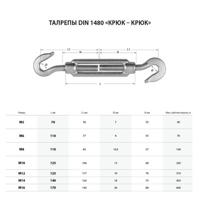 Талреп крюк-крюк, DIN 1480, м12, цинк, в упаковке 12 шт.