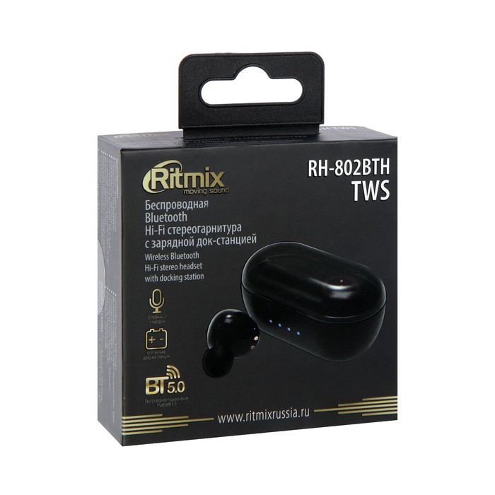 Наушники Ritmix RH-802BTH TWS, беспроводные, вакуумные, микрофон, BT 5.0, 40/300 мАч, черные - фото 51297348