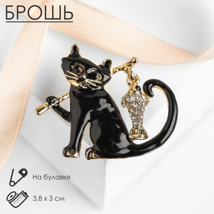 

Брошь «Кот» с рыбкой, цвет чёрный в золоте