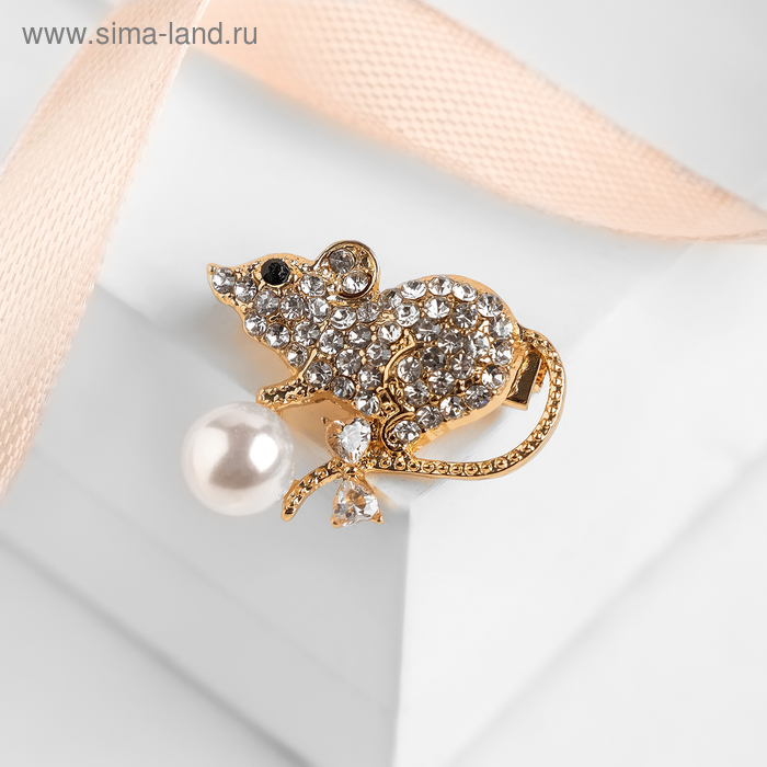 Брошь «Мышка» с бусиной, цвет белый в золоте - Фото 1