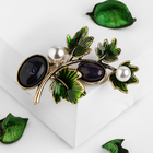 Брошь «Веточка» осени, цвет чёрно-зелёный в чернёном золоте - Фото 1