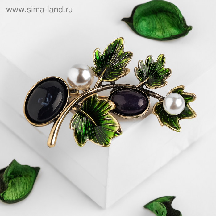 Брошь «Веточка» осени, цвет чёрно-зелёный в чернёном золоте - Фото 1