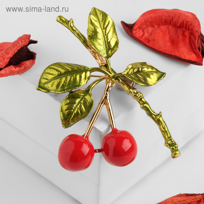 Брошь «Вишня» подвижная, цвет красно-зелёный в золоте - Фото 1