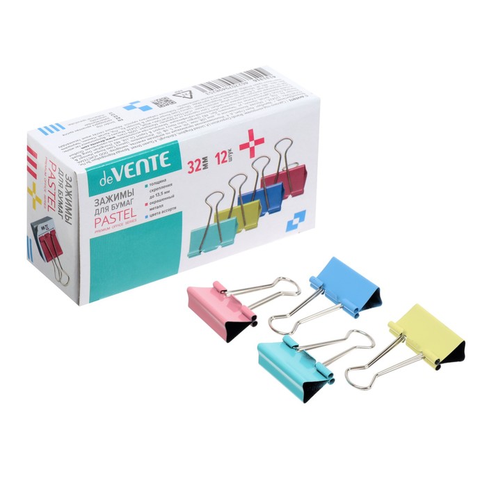 Зажимы для бумаг 32 мм, 12 штук, deVENTE, металлические, МИКС х 4 цвета, картонная коробка - Фото 1