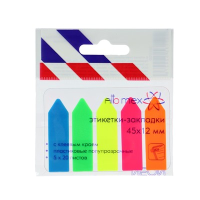 Закладки с клеевым краем (стикеры) 12 х 45 мм, 5 цветов по 20 листов, пластиковые, Attomex Neon,