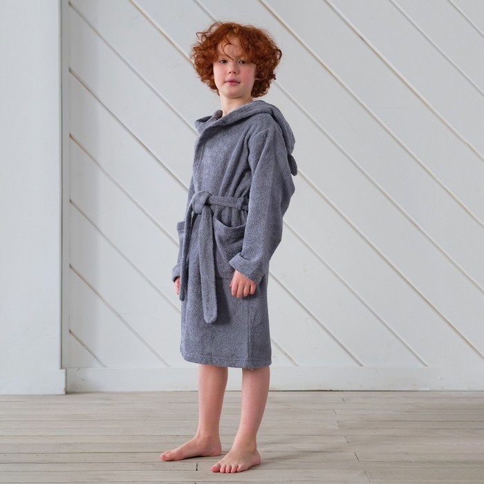 Халат махровый детский Этель Little king, размер 34 (122-128 см), серый - Фото 1