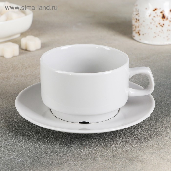 Чайная пара фарфоровая «Белая», 250 мл, чашка d=9,1 см, блюдце d=14,8 см, штабелируемая - Фото 1