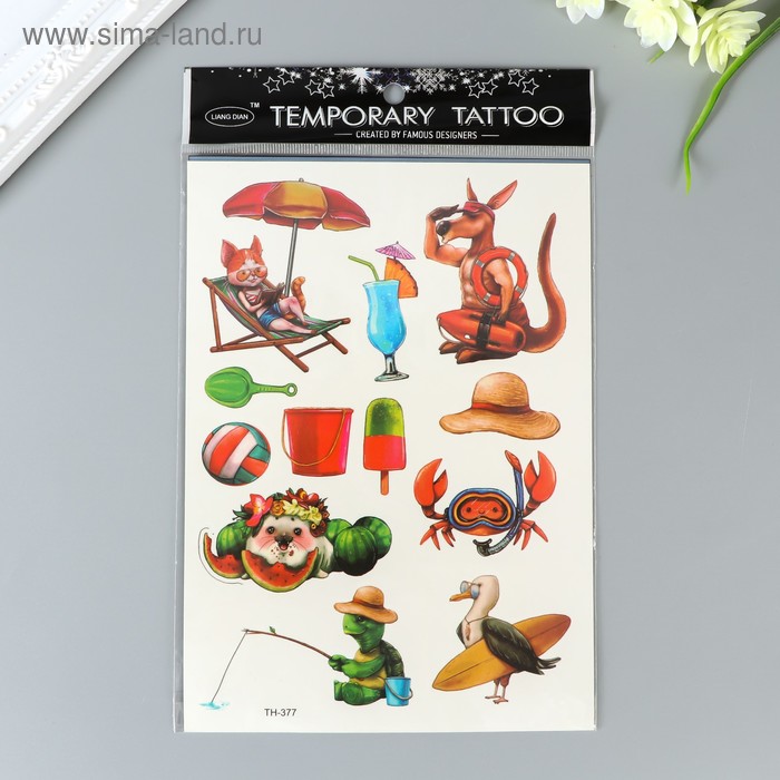 Татуировка на тело цветная "Зверята на отдыхе" 21х15 см - Фото 1