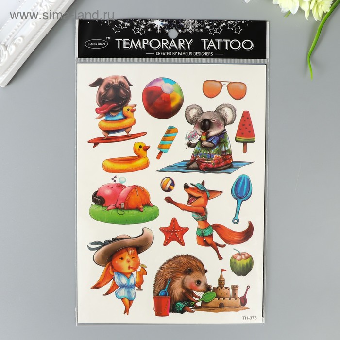 Переводные тату на тело цветные «Зоопарк на пляже», 21×15 см - Фото 1