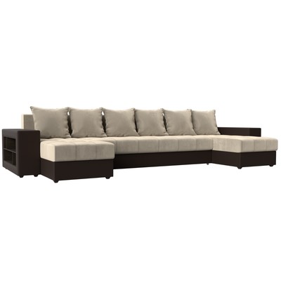 П-образный диван «Дубай», механизм еврокнижка, бежевый микровельвет / коричневая экокожа