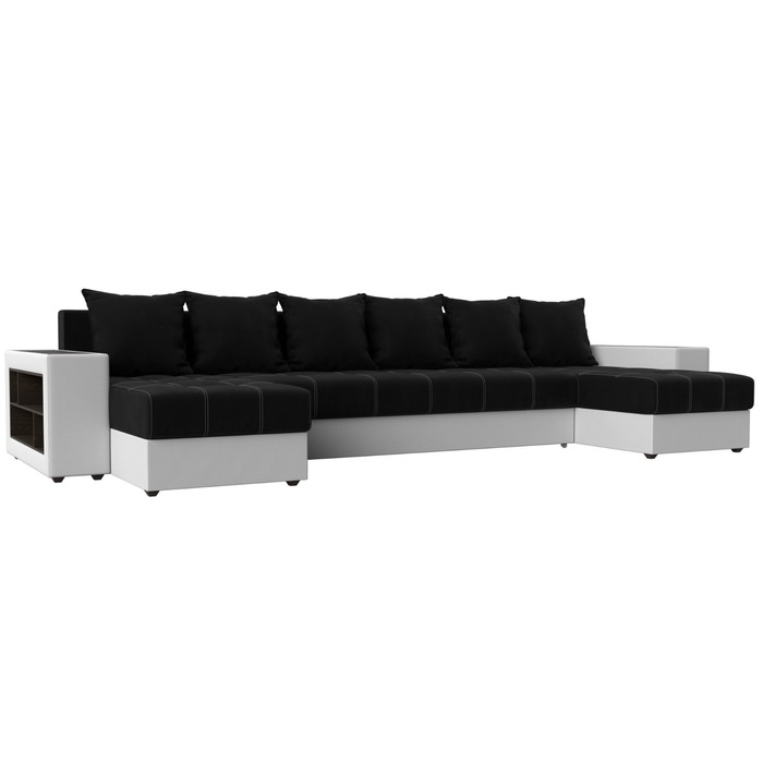 П-образный диван «Дубай», механизм еврокнижка, цвет чёрный микровельвет / белая экокожа - Фото 1