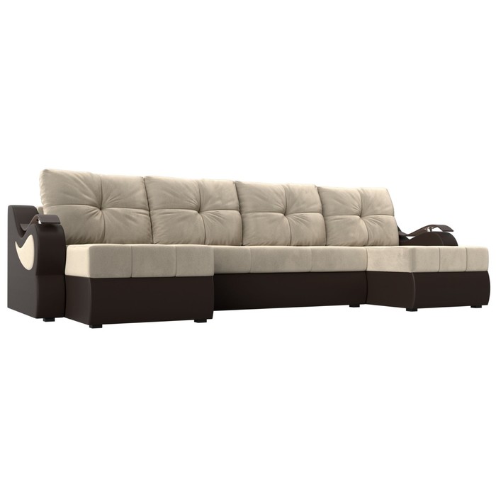 П-образный диван «Меркурий», еврокнижка, микровельвет, экокожа, цвет бежевый / коричневый - Фото 1