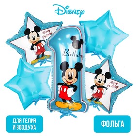 Букет из шаров фольгированных "Happy Birthday", набор 5 шт, Микки Маус, 4 звезды, единичка