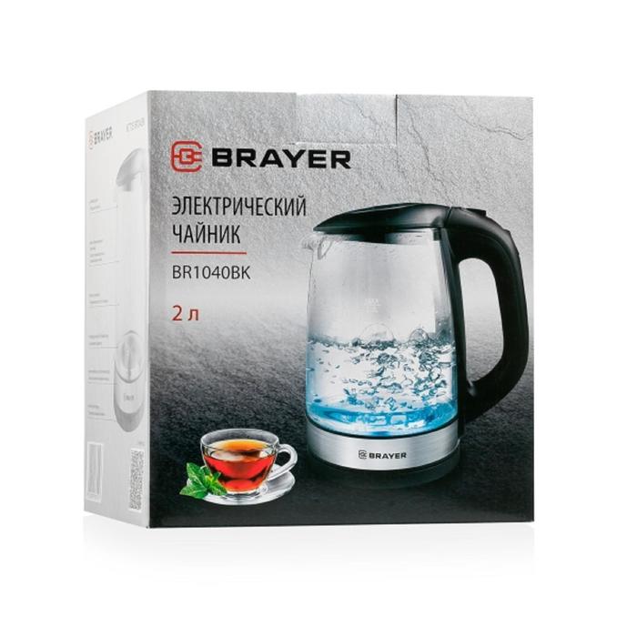 Чайник электрический BRAYER BR1040BK, стекло, 2 л, 2200 Вт, чёрный - фото 51358414