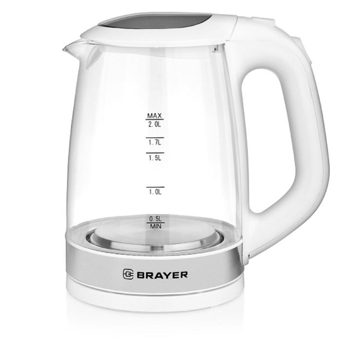 Чайник электрический BRAYER BR1040WH, стекло, 2 л, 2200 Вт, белый
