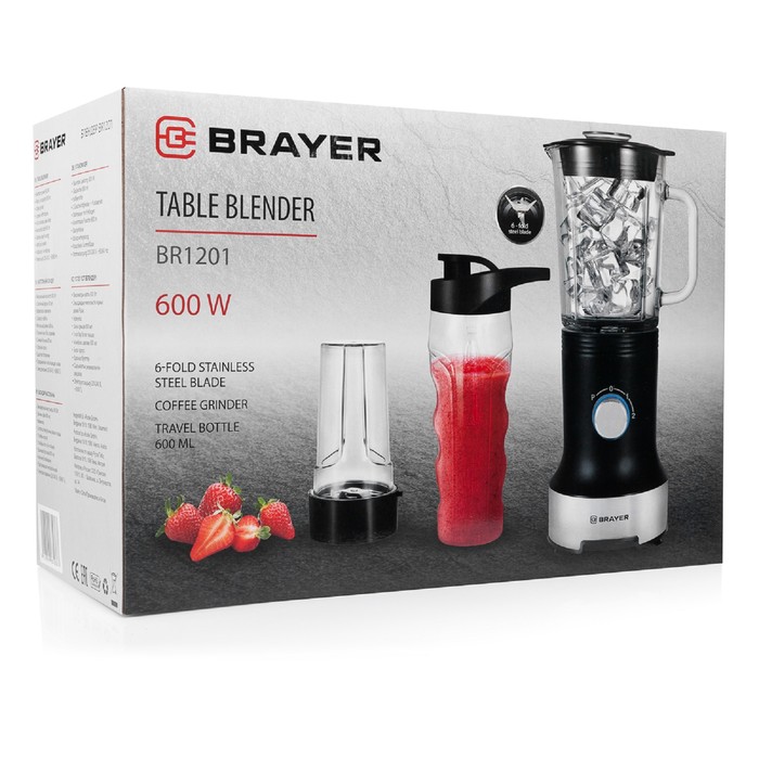 Блендер BRAYER BR1201, стационарный, 600 Вт, 0,8 л, 3 режима, чёрно-серебристый - фото 51437562