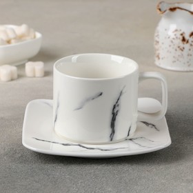 Чайная пара керамическая «Мрамор», 2 предмета: чашка 220 мл, блюдце d=14 см, цвет белый