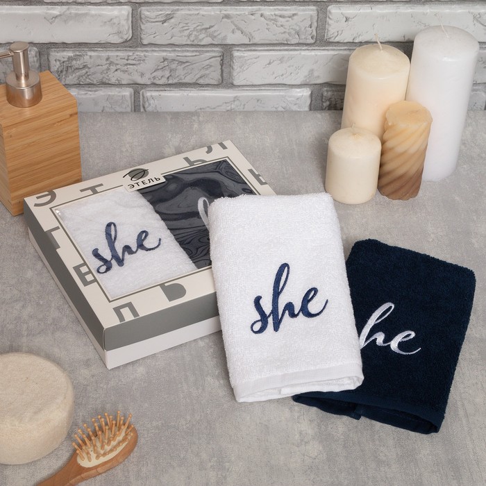 Набор полотенец "She & He" 30х60 см-2 шт, 100% хлопок, 340г/м2 - Фото 1