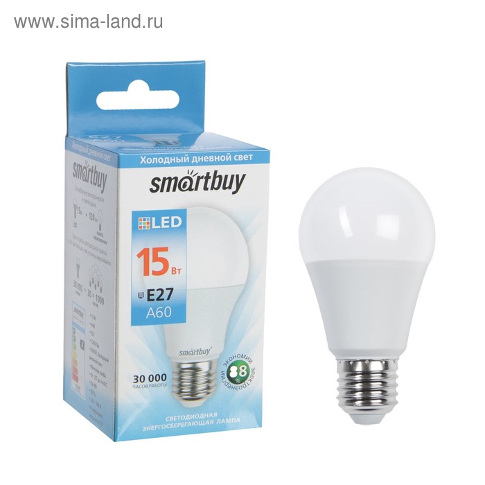 Лампа светодиодная Smartbuy, Е27, А60, 15 Вт, 6000 К, холодный белый свет - Фото 1