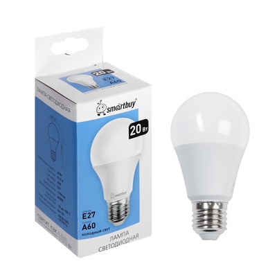 Лампа светодиодная Smartbuy, E27, A60, 20 Вт, 6000 К, холодный белый свет