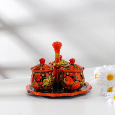 Набор для специй, 5,5х6,5 см,с подносом 15 см, хохлома