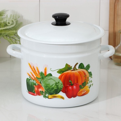 Кастрюля эмалированная, 7 л, d=24 см, с крышкой, деколь МИКС, белая