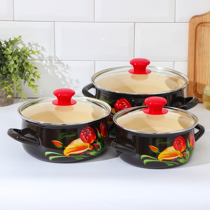 Набор эмалированных кастрюль «Грациозный», 3 шт.: 1.5 л, 2 л, 3 л, индукция, чёрный - Фото 1