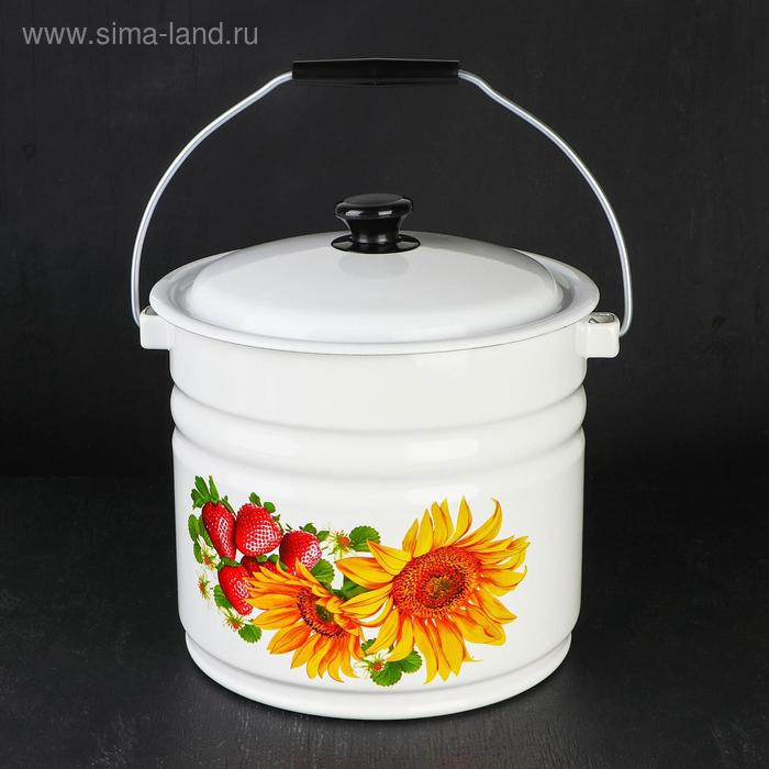 Ведро эмалированное, 10 л, с крышкой, деколь МИКС, белое - Фото 1